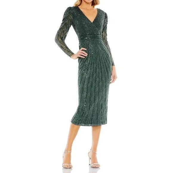Mac Duggal 93676 Beaded Lace Long Sleeve Formal Gown Dress Green 18 NWT $458 - Picture 2 of 8